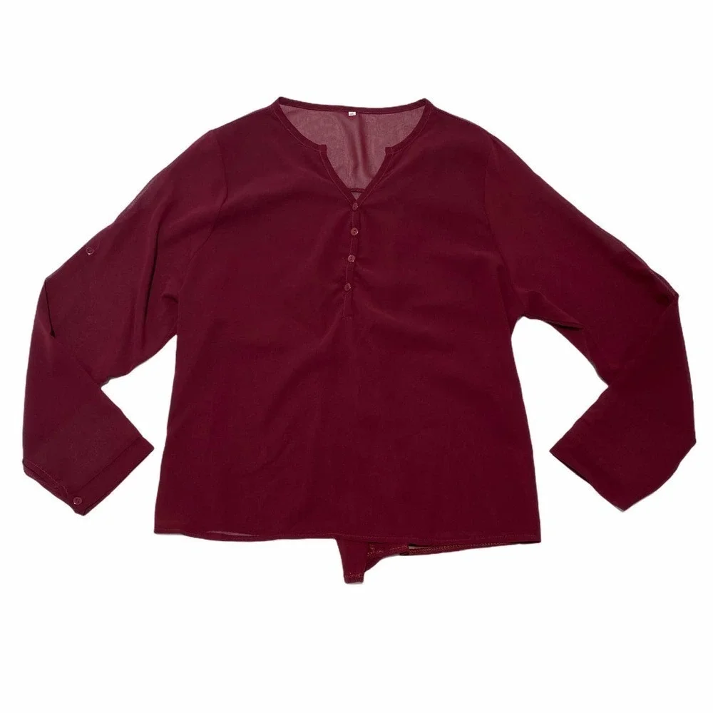 V-NECK Sheer Red Henley Button Blouse Size XXL - Picture 5 of 10